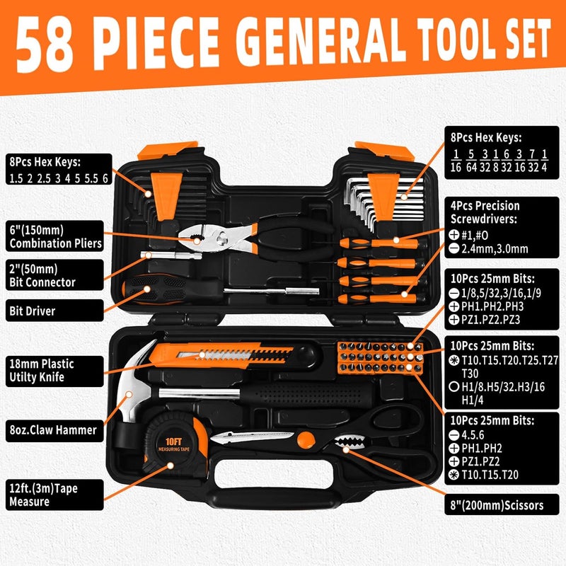 GETFOO 58-Piece Tool Kit Basic Home Repair Tool Set, General Household Hand Tool Kit,Small Tool Kit with Plastic Toolbox Mini Tool kit for Women, Office & College Repairs Orange - Image 3